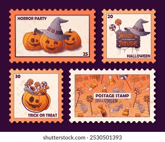 Colección de sellos de Halloween. Ilustración vectorial de calabazas, caramelos. Composiciones y patrón. Jack o Lantern. Perfecto para el diseño de la celebración, decoración del sobre.	