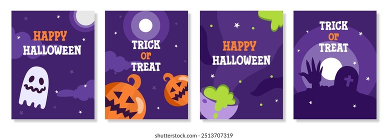 Collection of halloween poster set with cute element illustration on purple background for greeting card, flyer and promotion