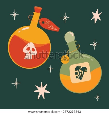 Collection of Halloween potion bottle with poison vector illustration Hand Drawn magical witchy design elements set in flat cartoon style