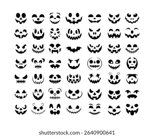 Collection of Halloween Pumpkin Faces, Skull, Bat Silhouettes and Spooky Icons Vector Illustrations