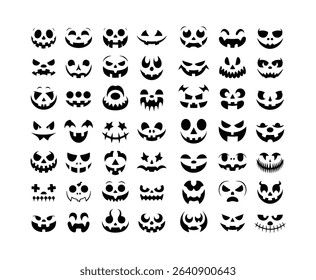 Collection of Halloween Pumpkin Faces, Skull, Bat Silhouettes and Spooky Icons Vector Illustrations