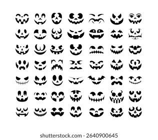 Collection of Halloween Pumpkin Faces, Skull, Bat Silhouettes and Spooky Icons Vector Illustrations