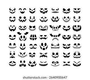 Collection of Halloween Pumpkin Faces, Skull, Bat Silhouettes and Spooky Icons Vector Illustrations