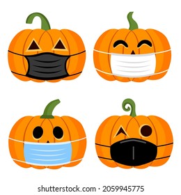 Collection of Halloween pumpkin with medical face mask in flat design on white background. Happy Halloween set in covid19 pandemic outbreak.