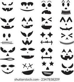 Collection of Halloween Pumpkin Scary Faces, Cartoon Set of Facial Expressions