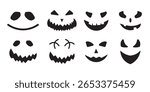 Collection of Halloween pumpkins carved faces silhouettes. Black isolated halloween pumpkin face patterns on orange. Scary and funny faces of Halloween pumpkin or ghost. Vector illustration