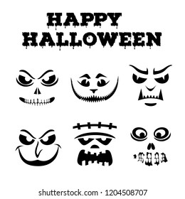 Collection of Halloween pumpkins carved faces silhouettes. Black and white images. Template with variety of eyes, mouths , noses for cut out jack o lantern. Funny monsters stencil set. Vector art