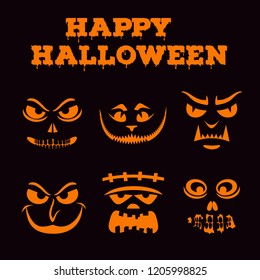 Collection of Halloween pumpkins carved faces silhouettes. Black and orange images. Template with variety of eyes, mouths and noses for cut out jack o lantern. Funny monsters stencil set. Vector art