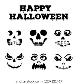 Collection of Halloween pumpkins carved faces silhouettes. Template with variety of eyes, mouths and noses for cut out jack o lantern. Funny zombie and skeleton monsters stencil set. Vector art
