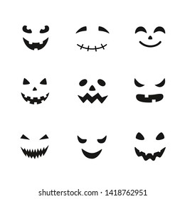 Collection of Halloween pumpkins carved faces silhouettes. Black and white images. Template with variety of eyes, mouths and noses for cut out jack o lantern. Vector illustration