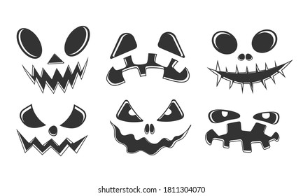 Collection of Halloween pumpkins carved faces silhouettes. Black and white images. Template with variety of eyes, mouths and noses for cut out jack o lantern. Vector illustration