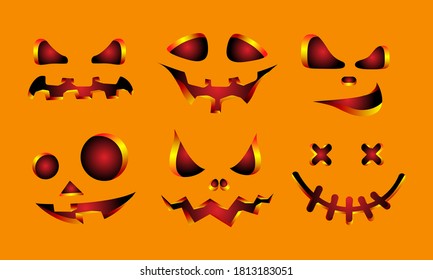 Collection of Halloween pumpkins carved faces silhouettes. Template with variety of eyes, mouths and noses for cut out jack o lantern. Vector illustration