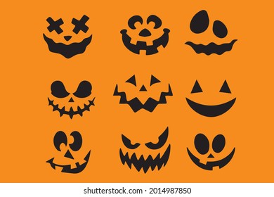 Collection of Halloween pumpkins carved faces silhouettes. Black isolated halloween pumpkin face patterns on orange. Scary and funny Pumpkin faces creepy of Halloween pumpkin. Vector illustration.