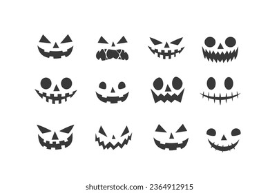 Collection of Halloween pumpkins carved faces silhouettes. Black isolated Halloween pumpkin face patterns on orange. Scary and funny faces of Halloween pumpkin or ghost. Vector illustration