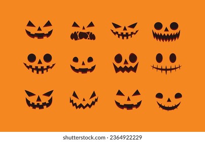 Collection of Halloween pumpkins carved faces. Isolated Halloween pumpkin face patterns on orange. Scary and funny faces of Halloween pumpkin or ghost. Vector illustration