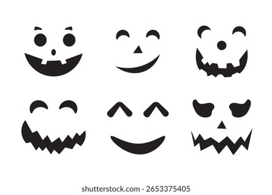 Collection of Halloween pumpkins carved faces silhouettes. Black isolated halloween pumpkin face patterns on orange. Scary and funny faces of Halloween pumpkin or ghost. Vector illustration