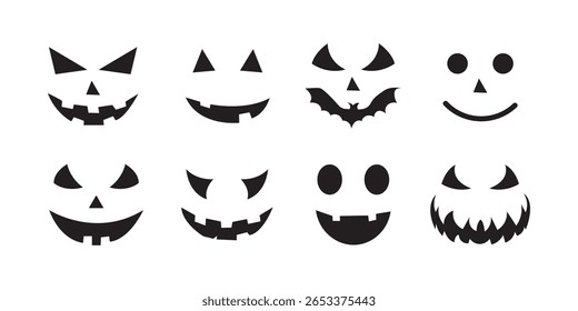 Collection of Halloween pumpkins carved faces silhouettes. Black isolated halloween pumpkin face patterns on orange. Scary and funny faces of Halloween pumpkin or ghost. Vector illustration