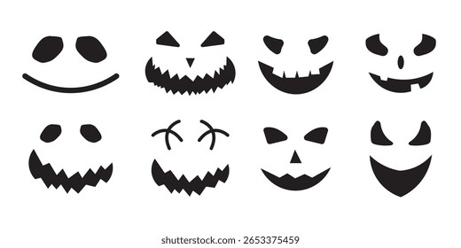 Collection of Halloween pumpkins carved faces silhouettes. Black isolated halloween pumpkin face patterns on orange. Scary and funny faces of Halloween pumpkin or ghost. Vector illustration