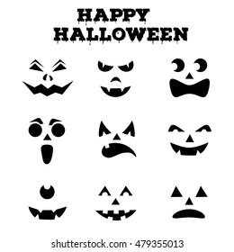 Collection of Halloween pumpkins carved faces silhouettes. Black and white images. Template with variety of eyes, mouths and noses for cut out jack o lantern. Vector illustration