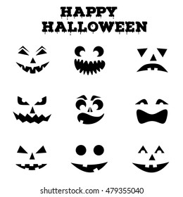 Collection of Halloween pumpkins carved faces silhouettes. Black and white images. Template with variety of eyes, mouths and noses for cut out jack o lantern. Vector illustration