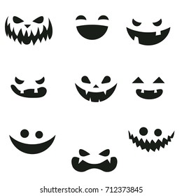 Collection of Halloween pumpkins carved faces silhouettes.