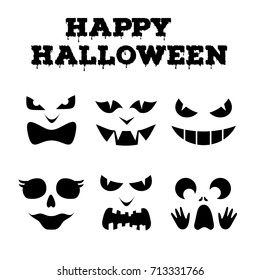 Collection of Halloween pumpkins carved faces silhouettes. Black and white images. Template with variety of eyes, mouths and noses for cut out jack o lantern. Vector illustration