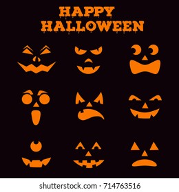 Collection of Halloween pumpkins carved faces silhouettes. Black and white images. Template with variety of eyes, mouths and noses for cut out jack o lantern. Vector illustration