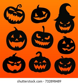 Collection of Halloween pumpkins carved faces silhouettes. Black isolated halloween pumpkin face patterns on orange. Scary and funny faces of Halloween pumpkin or ghost. Vector illustration
