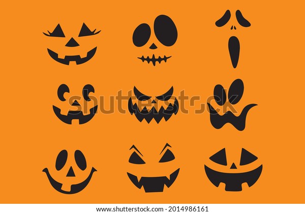 Collection of Halloween pumpkins carved\
faces silhouettes. Black isolated halloween pumpkin face patterns\
on orange. Scary and funny faces of Halloween pumpkin or ghost.\
Vector illustration