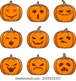 Coleção de abóboras de Halloween com rostos emocionais. Adequado para decoração e design. Capture uma variedade de emoções de abóbora, como alegria, assustador, triste, astúcia, surpresa, raiva e tristeza.