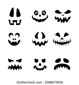 Collection of Halloween Pumpkins Flat Faces Silhouettes. Monochrome Icons Set on White Backdrop. Template with Variety of Eyes, Teeth, and Noses for Cut out Jack o Lantern