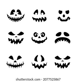 Collection of Halloween Pumpkins Flat Faces Silhouettes. Monochrome Icons Set on White Background. Template with Variety of Eyes, Teeth, and Noses for Cut out Jack o Lantern