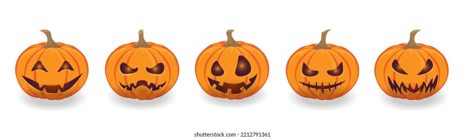 Collection of Halloween pumpkins with various different designs on white background. Scary and funny faces of Halloween pumpkin head jack lanterns. Design elements for logo, poster, emblem. EPS10. 