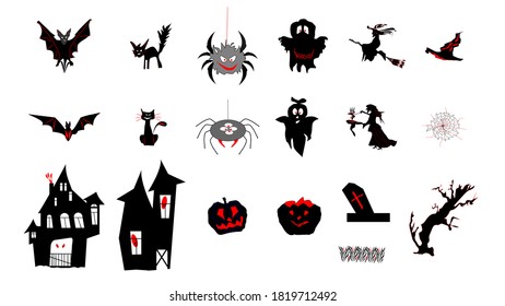 Collection of halloween red and black icons ,. Set of Halloween silhouettes on white background for celebration, template and decoration. Vector illustration.