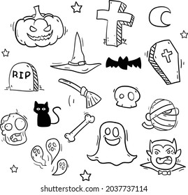 Collection of Halloween related doodle drawing such as pumpkin, ghost, witch and more, isolated on white background