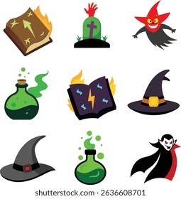 A collection of Halloween related elements such as hats, ghosts, witches and tombstones.