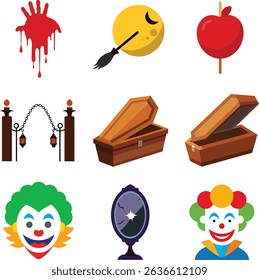 A collection of Halloween related elements such as blood splatter, coffins, full moon and face paint.