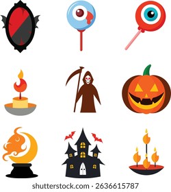 A collection of Halloween related elements such as lollipops, pumpkins, candles and haunted houses.