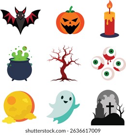A collection of Halloween related elements such as tombstones, full moon, witches and candles.