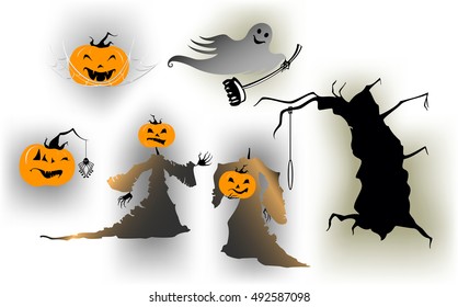 Collection of Halloween related objects and scary creatures. EPS10 vector illustration