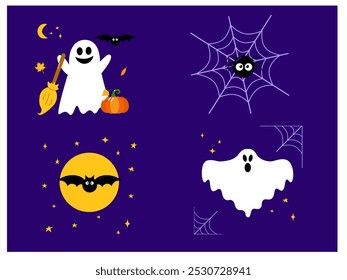 Collection of Halloween scenes with cute and funny fairy cartoon characters - ghost, bat, spider on web, moon, pumpkin. Cartoon colorful vector illustration.