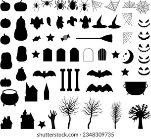 collection for Halloween. Set of Halloween black vectors Vector illustration. Isolated on white background. Includes pumpkin, bat spider, Halloween tree, ghost and horror house.