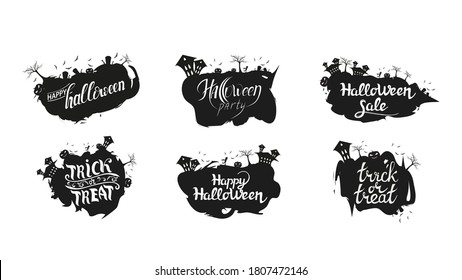 Collection of Halloween signs, symbols and logos with letterings, abstract ragged shapes with silhouettes of Halloween elements. Modern Halloween logos