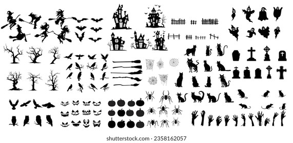 Collection of Halloween silhouette icon and  character. Hand drawn