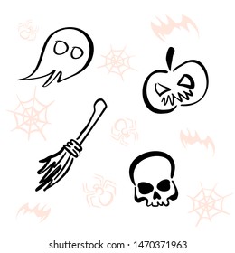 Collection of Halloween silhouettes and characters. Hand drawing creative design for holiday greeting card & invitation, flyers, posters, banner. Vector outline icons set isolated on white background.