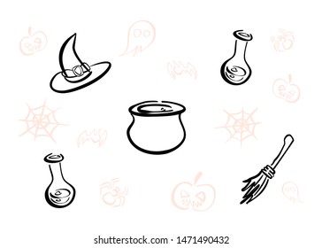 Collection of Halloween silhouettes and characters. Hand drawing creative design for holiday greeting card & invitation, banner in witch theme. Vector outline icons set isolated on white background.