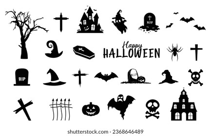 Collection of Halloween silhouettes elements and icons- tree, hand, cross, gravestone, church, bats, rip, skeleton skull, pumpkin, etc. creepy and spooky elements for Halloween decoration and posters.
