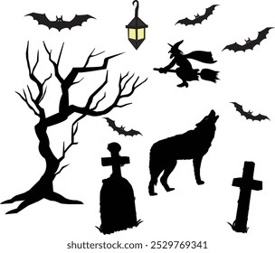 Collection of Halloween silhouettes. Haunted Creepy tree, flying witch, hanging lamp, bats, wolf, tombstone etc.