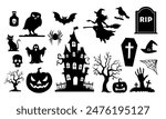 Collection of Halloween silhouettes. Haunted house, creepy tree, flying witch, pumpkins, halloween ghost, owl, coffin lid etc