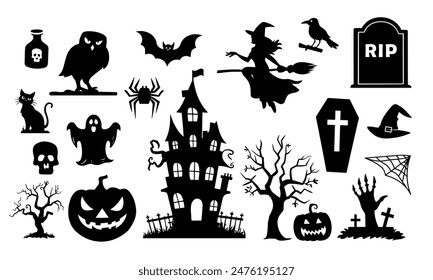 Collection of Halloween silhouettes. Haunted house, creepy tree, flying witch, pumpkins, halloween ghost, owl, coffin lid etc